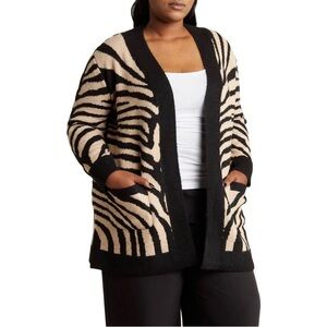 T Tahari Womens Black Beige Zebra Cocoon Long Cardigan Sweater Sz 2X New /Tag